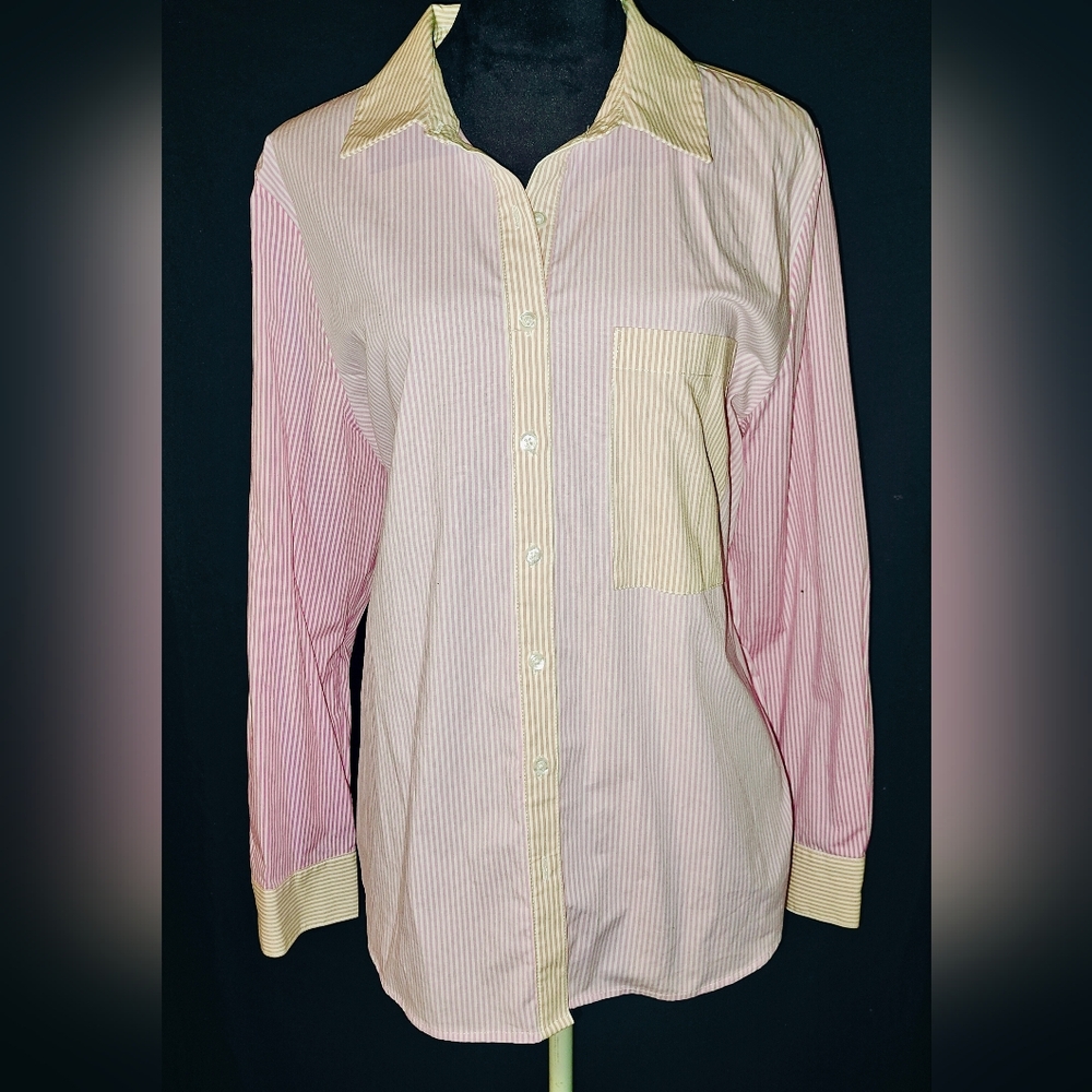 Pink Beige Striped Collared Button Up Shirt Sz XL